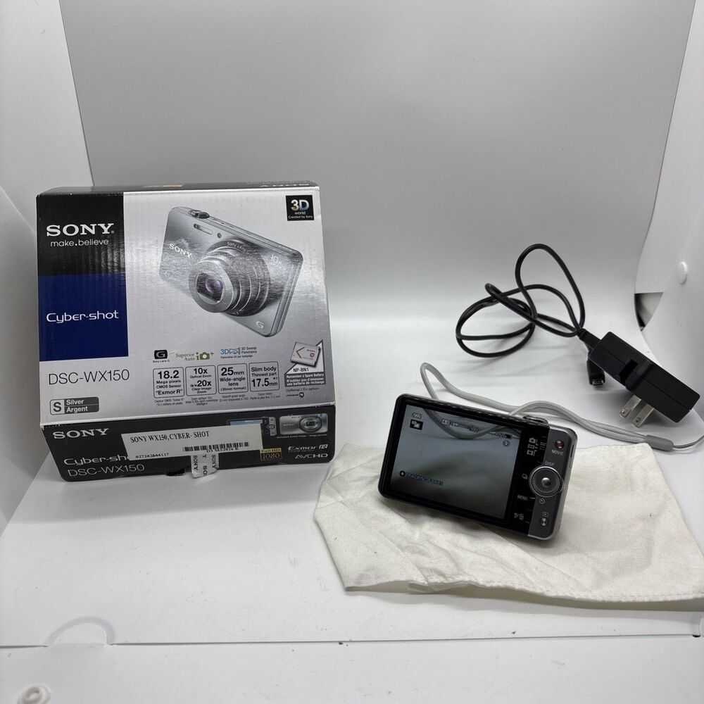 Sony Cyber-shot DSC-WX150 Digital Camera 10x Zoom 18.2MP Silver w/Box + 8GB card